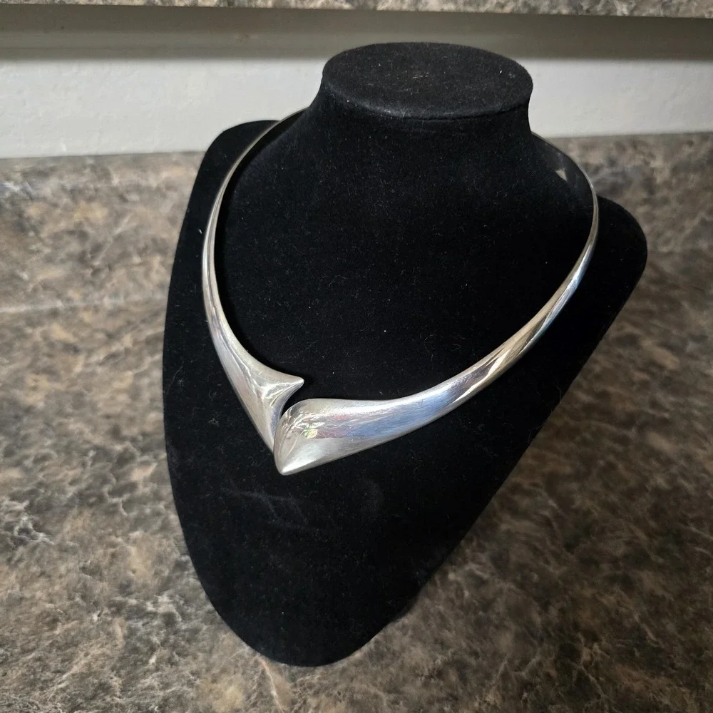 Vintage Taxco Mexico TL-57 950 Silver Modernist Collar Choker Necklace 113g